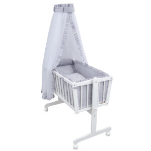 Komplettwiegenset weiß Royal Grau Rüsche Stickerei