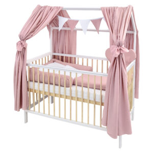 babybett hausbett komplett weiß kiefer Rosa Musselin Waffelpique