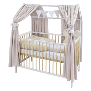 babybett hausbett komplett weiß kiefer Teddy beige Musselin